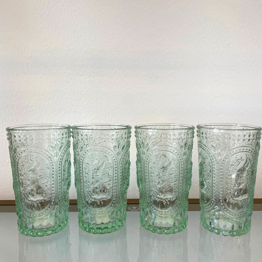 Easter Bunny Embossed Hobnail Victorian Heavy Drinking Glasses Set 4 Green New